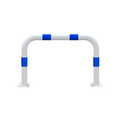 Witte aanrijdbeveiliging beugel Ø76 mm met blauwe strepen, 1000 mm breed, op voetplaat.