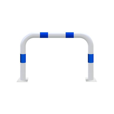 Witte aanrijdbeveiliging beugel Ø76 mm met blauwe strepen, 1000 mm breed, op voetplaat.