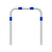 Witte aanrijdbeveiliging beugel (Ø76 mm) met blauwe reflecterende strepen, 1000 mm hoog, voor betonverankering.