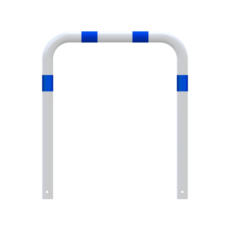 Witte aanrijdbeveiliging beugel (Ø76 mm) met blauwe reflecterende strepen, 1000 mm hoog, voor betonverankering.