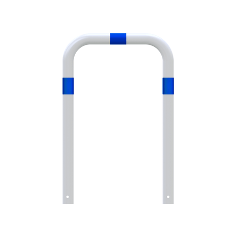 Witte aanrijdbeveiliging beugel (Ø76 mm) met blauwe reflecterende strepen, 750 mm hoog, voor betonverankering.