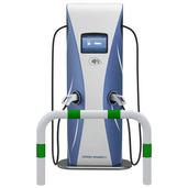 Wit-groene aanrijdbeveiliging beugel Ø76 mm voor laadpaal bescherming, met een elektrische laadpaal op de achtergrond.