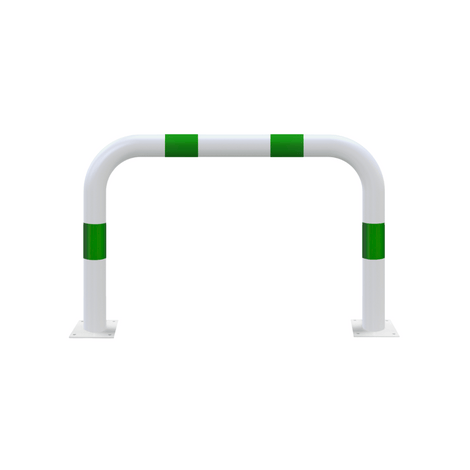 Wit-groene aanrijdbeveiliging beugel Ø76 mm, 1000 mm breed, met voetplaten voor laadpaal bescherming.