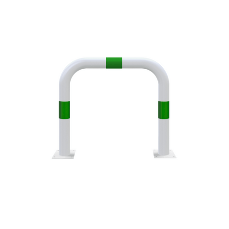 Witte aanrijdbeveiliging beugel Ø76 mm met groene reflecterende banden, op voetplaat, 750 mm hoog.