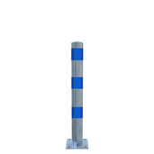 Verzinkt-blauwe aanrijdbeveiliging paal Ø102 mm op voetplaat, voor laadpaal bescherming.