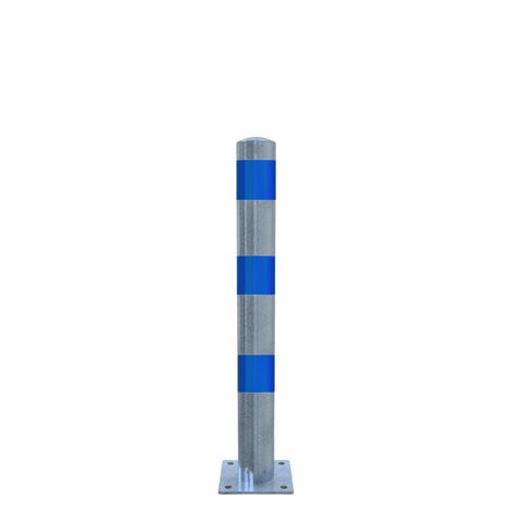 Verzinkt-blauwe aanrijdbeveiliging paal Ø102 mm op voetplaat, voor laadpaal bescherming.