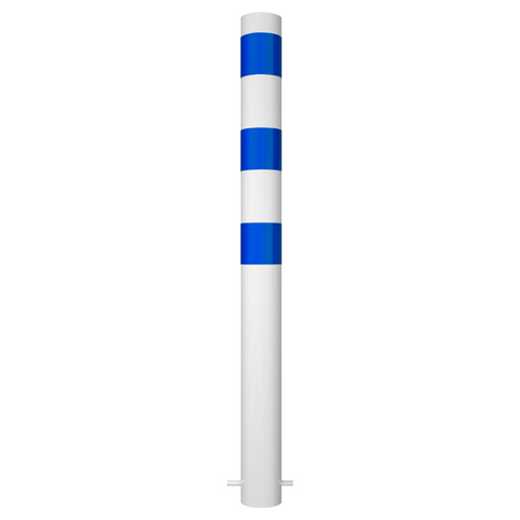 Witte aanrijdbeveiliging paal Ø102 mm met blauwe strepen voor laadpaal bescherming.