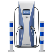 Wit-blauwe aanrijdbeveiliging palen (Ø76-102 mm) naast een laadpaal voor elektrische voertuigen.