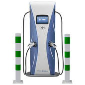 Wit-groene aanrijdbeveiliging palen (Ø76-102 mm) beschermen een elektrische laadpaal.