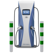 Wit-groene aanrijdbeveiliging palen (Ø76-102 mm) voor laadpaal bescherming, naast een EV-laadstation.