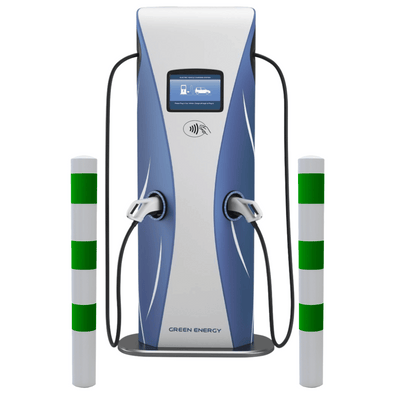 Wit-groene aanrijdbeveiliging palen (Ø76-102 mm) voor laadpaal bescherming, naast een EV-laadstation.