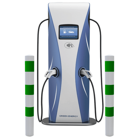 Wit-groene aanrijdbeveiliging palen (Ø76-102 mm) voor laadpaal bescherming, naast een EV-laadstation.