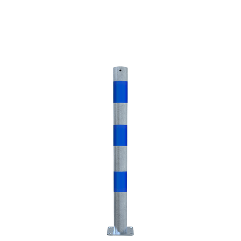 Verzinkt-blauwe aanrijdbeveiliging paal Ø76 mm op voetplaat, voor laadpaal bescherming.