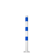Witte en blauwe aanrijdbeveiliging paal Ø76 mm met voetplaat voor laadpaal bescherming.