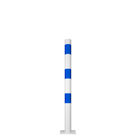 Witte en blauwe aanrijdbeveiliging paal Ø76 mm met voetplaat voor laadpaal bescherming.