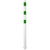 Witte aanrijdbeveiliging paal Ø76 mm met groene reflecterende banden voor laadpaal bescherming.