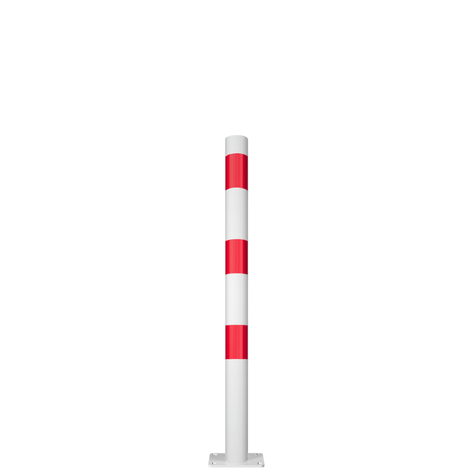 Witte aanrijdbeveiliging paal met rode reflecterende banden, Ø76 mm, op voetplaat.