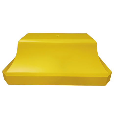 Geel betonnen afzetblok van 330 kg met hijspunt, ideaal voor verkeersbeheer.