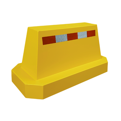 Geel betonnen afzetblok (175 kg) met rood-wit reflecterende strepen, enkelzijdig.