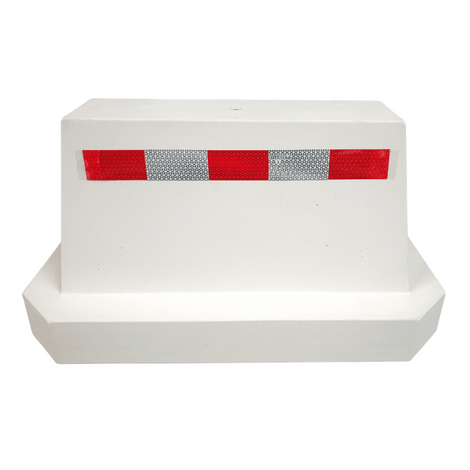Wit betonnen afzetblok (175 kg) met rood-wit reflecterende streep en hijspunt.