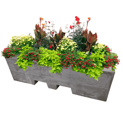 Antraciet betonnen afzetblok/bloembak met lepelgaten, gevuld met diverse bloemen en planten.
