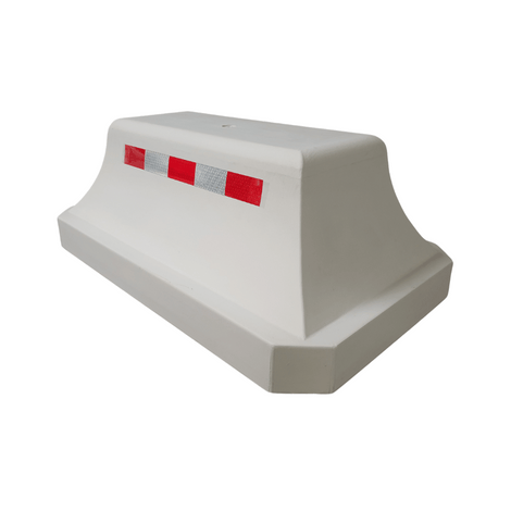 Grijs betonnen afzetblok (330 kg) met enkelzijdige rood-witte reflecterende markering en hijspunt.