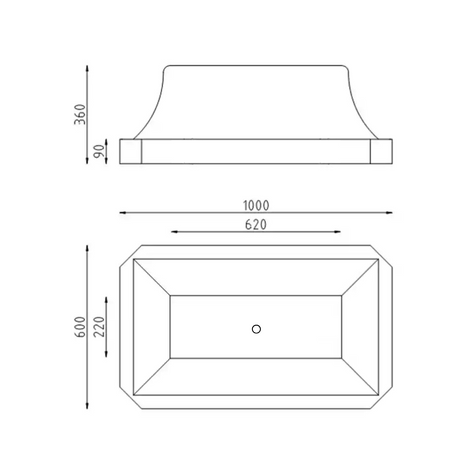 Technische tekening van een betonnen afzetblok met hijspunt, bovenaanzicht en zijaanzicht met afmetingen.
