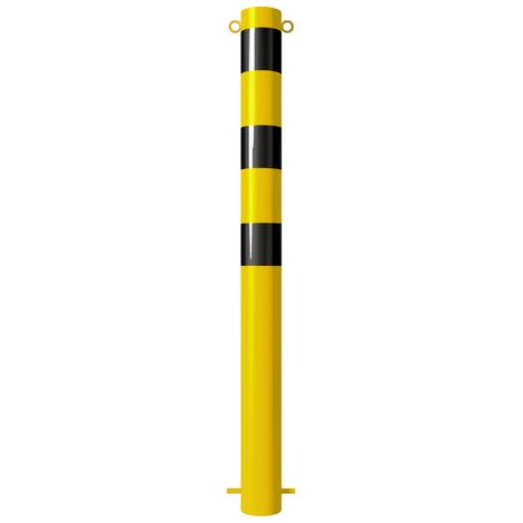 Gele afzetpaal Ø102 mm met zwarte strepen en twee kettingogen, voor betonverankering.