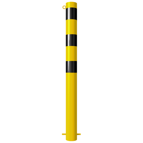 Gele en zwarte afzetpaal Ø102 mm met kettingoog en betonverankering.