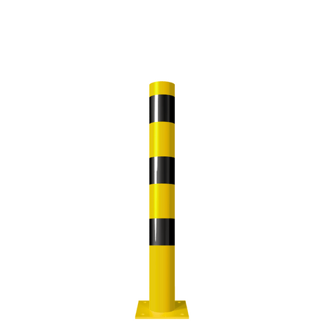 Gele en zwarte afzetpaal Ø102 mm met voetplaat voor verankering.