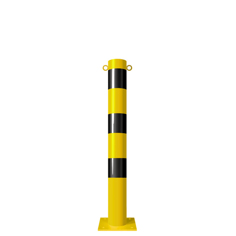 Gele en zwarte afzetpaal Ø102 mm met voetplaat en twee kettingogen.