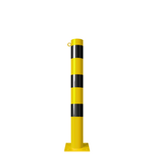 Gele en zwarte afzetpaal Ø102 mm met voetplaat en 1 kettingoog.