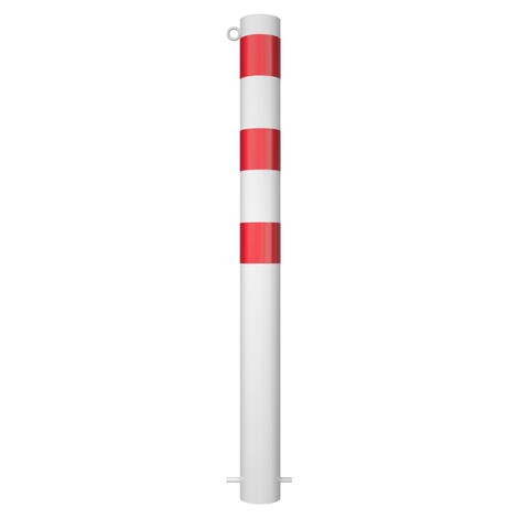 Afzetpaal Ø102 mm, wit-rood gestreept, met 1 kettingoog en betonverankering.
