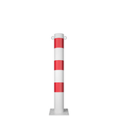 Witte en rode afzetpaal Ø102 mm met voetplaat en twee kettingogen.