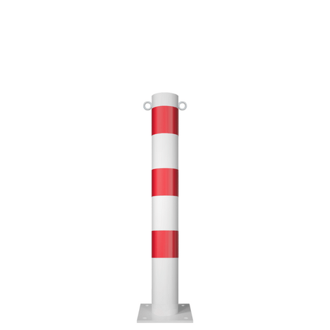 Witte en rode afzetpaal Ø102 mm met voetplaat en twee kettingogen.
