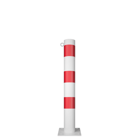 Witte en rode afzetpaal Ø102 mm met voetplaat en één kettingoog.