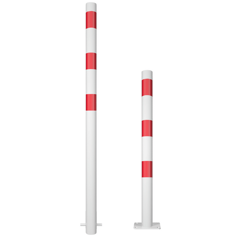 Twee wit-rode afzetpalen Ø60 mm; één voor betonverankering, één met voetplaat.
