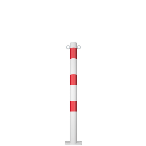 Witte en rode afzetpaal Ø60 mm met twee kettingogen en voetplaat voor verankering.