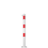 Witte afzetpaal Ø60 mm met rode strepen, 1 kettingoog en voetplaat voor montage.