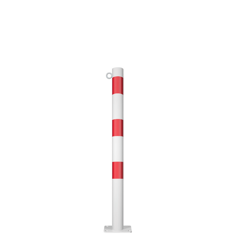Witte afzetpaal Ø60 mm met rode strepen, 1 kettingoog en voetplaat voor montage.