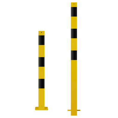 Twee geel-zwarte afzetpalen, 70x70 mm, één met voetplaat en één voor betonverankering.