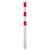 Witte afzetpaal 70x70 mm met rode banden en twee kettingogen, voor betonverankering.