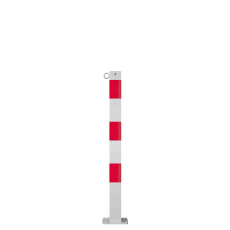 Witte en rode afzetpaal 70x70 mm met voetplaat en één kettingoog.