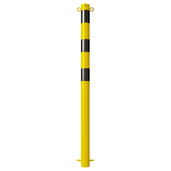 Gele en zwarte afzetpaal Ø76 mm met twee kettingogen, voor betonverankering.