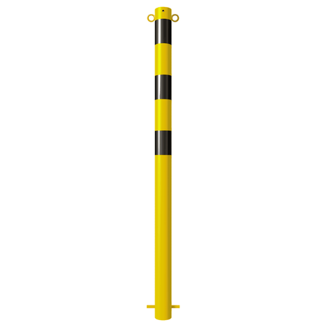 Gele en zwarte afzetpaal Ø76 mm met twee kettingogen, voor betonverankering.