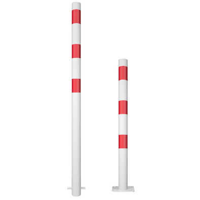 Twee wit-rode afzetpalen Ø76 mm, één voor betonverankering en één met voetplaat.