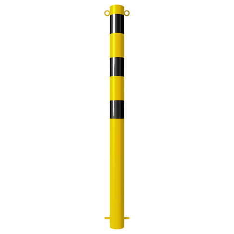 Geel-zwarte afzetpaal Ø89 mm met ringen bovenaan en anker voor betonverankering.
