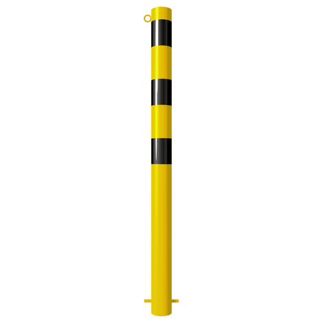 Gele afzetpaal Ø89 mm met zwarte strepen en 1 kettingoog voor betonverankering.