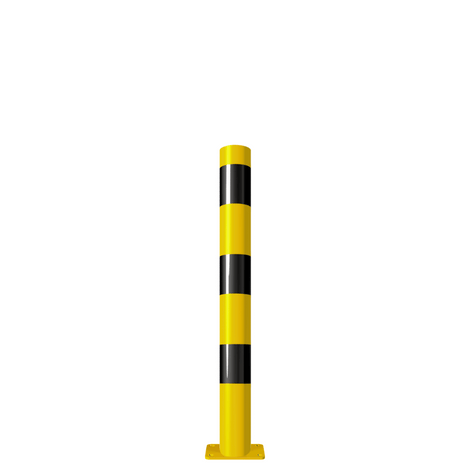 Gele en zwarte afzetpaal Ø89 mm met voetplaat voor verankering.