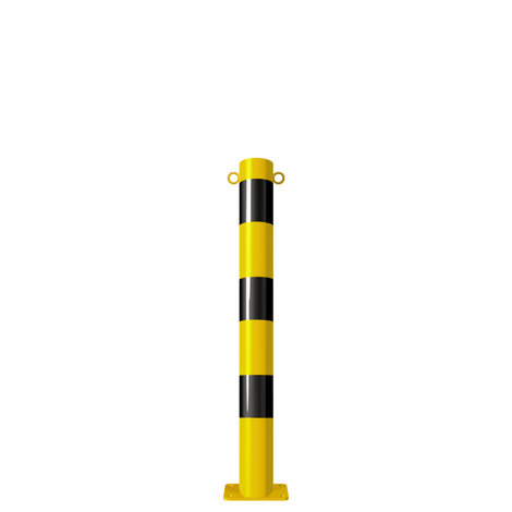 Gele en zwarte afzetpaal Ø89 mm met voetplaat en twee kettingogen.